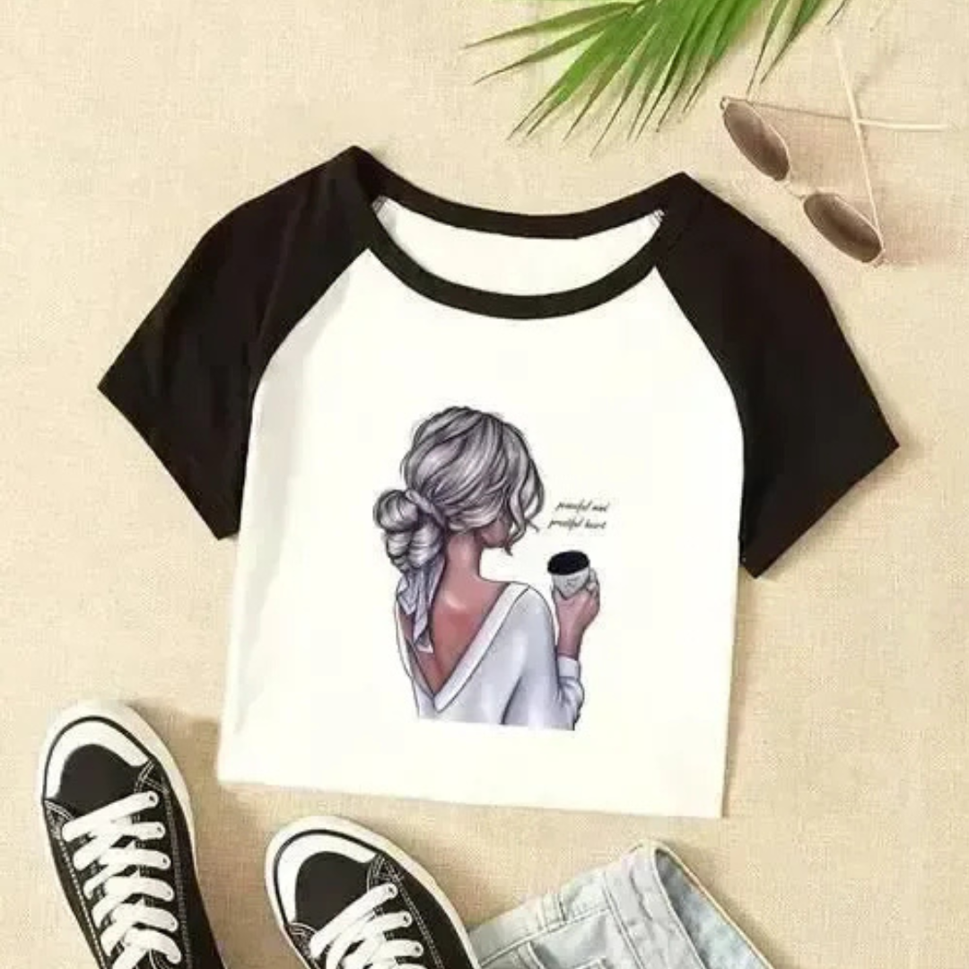 Coffee Girl Printed White & Black Raglan Crop Top