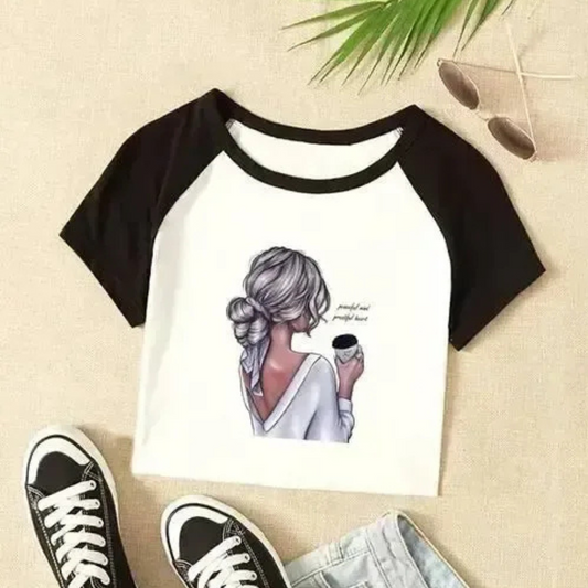 Coffee Girl Printed White & Black Raglan Crop Top