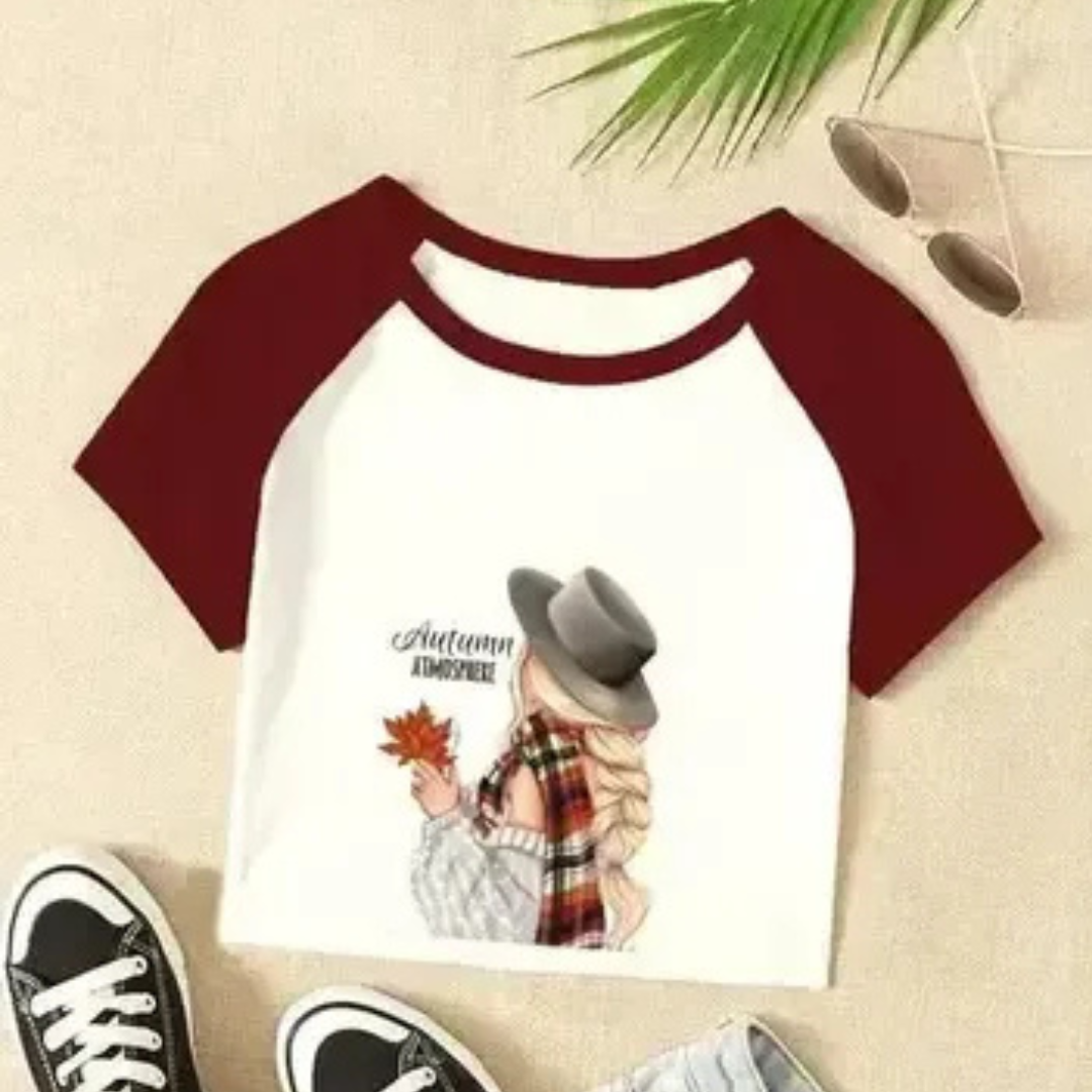 Coffee Girl Printed White & Black Raglan Crop Top